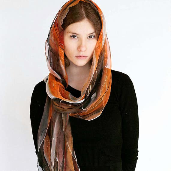 Hand Painted Chiffon Silk Scarf: Abstract Flame Art Wrap