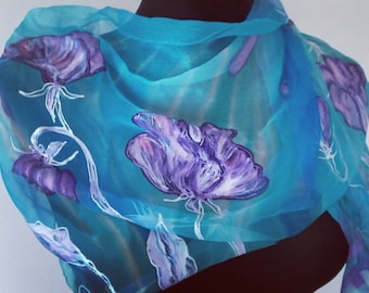 Hand Painted Silk Chiffon Scarf: Turquoise Blue Purple Floral Shawl