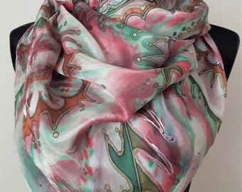 Rosy brown celadon hand painted silk scarf. Abstract modern shiny one-of-the-kind artists silk square scarf, slow fashion, gift for her.