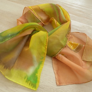 Happy handpainted silkscarf in yellow, sand, green. Painted by 5 year old artist. Wearable art full of positive energy from Estonia