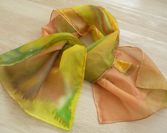 Happy handpainted silkscarf in yellow, sand, green. Painted by 5 year old artist. Wearable art full of positive energy from Estonia