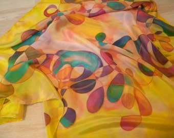 Multicolored abstract yellow artists scarf. Warm yellow + some cyan blue, purple, orange, pink hand painted silk square scarf OOAK