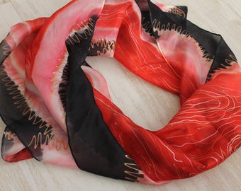 Black red pink white elegant feminine handpainted silk scarf. OOAK abstract art gift for ladies, birthday gift for her with positive energy.
