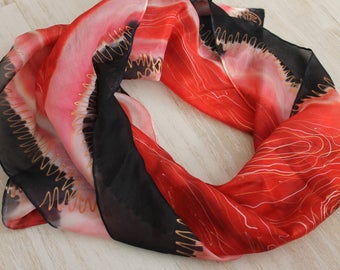 Handpainted Silk Scarf: Black, Red, Pink Abstract Art (14x51)