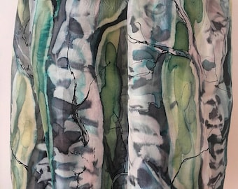 Birch Tree Silk Scarf: Hand-Painted Batik Wearable Art