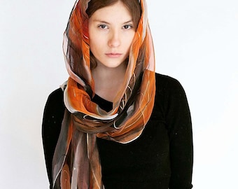 Hand Painted Chiffon Silk Scarf: Abstract orange and black Flame Art Wrap