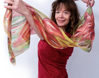 Hand Painted Silk Scarf: Red Yellow Green Lilies, One-of-a-Kind Accessory