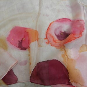 Red roses on ivory hand painted silk scarf. Painted by 6 year old artist.  Very Young Art wiht happy energy.