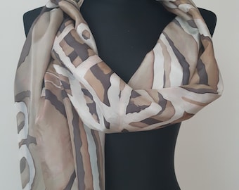 Hand Painted Art Silk Scarf: Beige Ivory Abstract Design