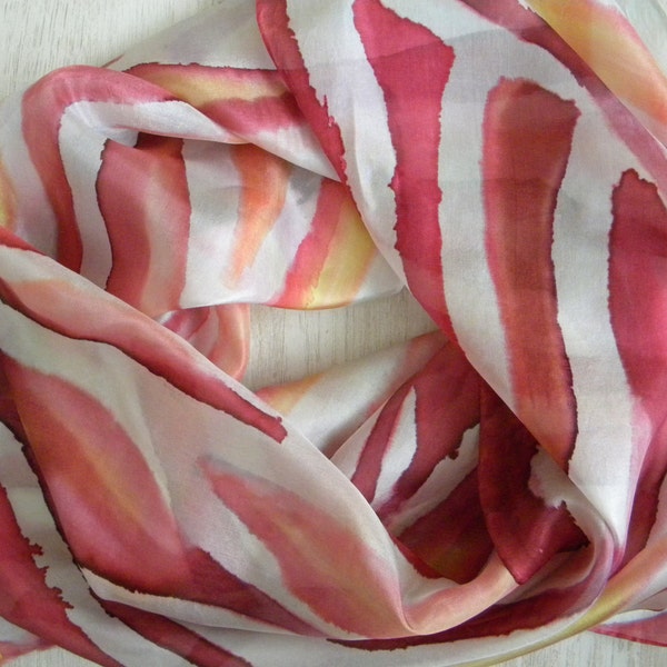 Dark red, white, peach, pink, yellow hand painted silk scarf with abstract lines. One-of-the-kind colorful artscarf painted with cold wax