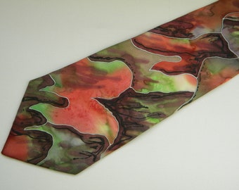 Hand painted abstract silk tie in shades of green, brown, red and black. Gift for him. Artists tie painted on pure silk