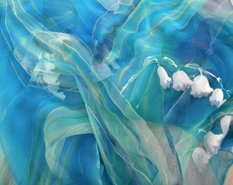 Hand Painted Lily of the Valley Silk Chiffon Scarf: Turquoise Mint Green Shawl