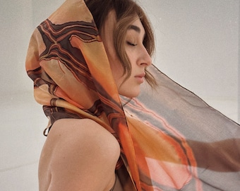 Original artscarf handpainted in terracotta shades by silkartist Maria Jürimäe SingingScarves to support Ukraine