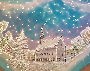 Snowy Winter Wonderland silk scarf with Tallinn Old Town and town hall. Original art scarf from Estonia with medieval cityscape