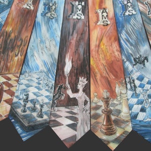 May include: Seven different patterned ties with a chessboard design. Each tie features a different chess piece and a different background color. The ties are arranged in a fan shape.