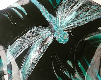 The Sky of Dragonflies. Unique art silk scarf/ wall hanging. Dragonfly painting. Transparent chiffon shawl. Elegant batik art made to order.