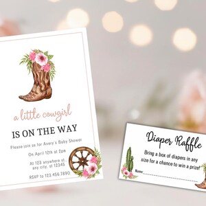 Cowgirl Baby Shower Invitation Template for Western Baby Shower Cowgirl on the Way Invitation for Baby Girl and Diaper Raffle Card Bundle