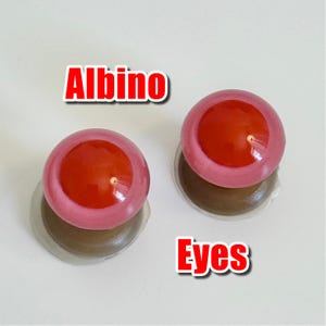 May include: Two albino eyes are displayed. Each eye has a red iris, a pinkish-red outer ring, and a brown base. The word "Albino" is above the eyes, and the word "Eyes" is below them, both in red text.