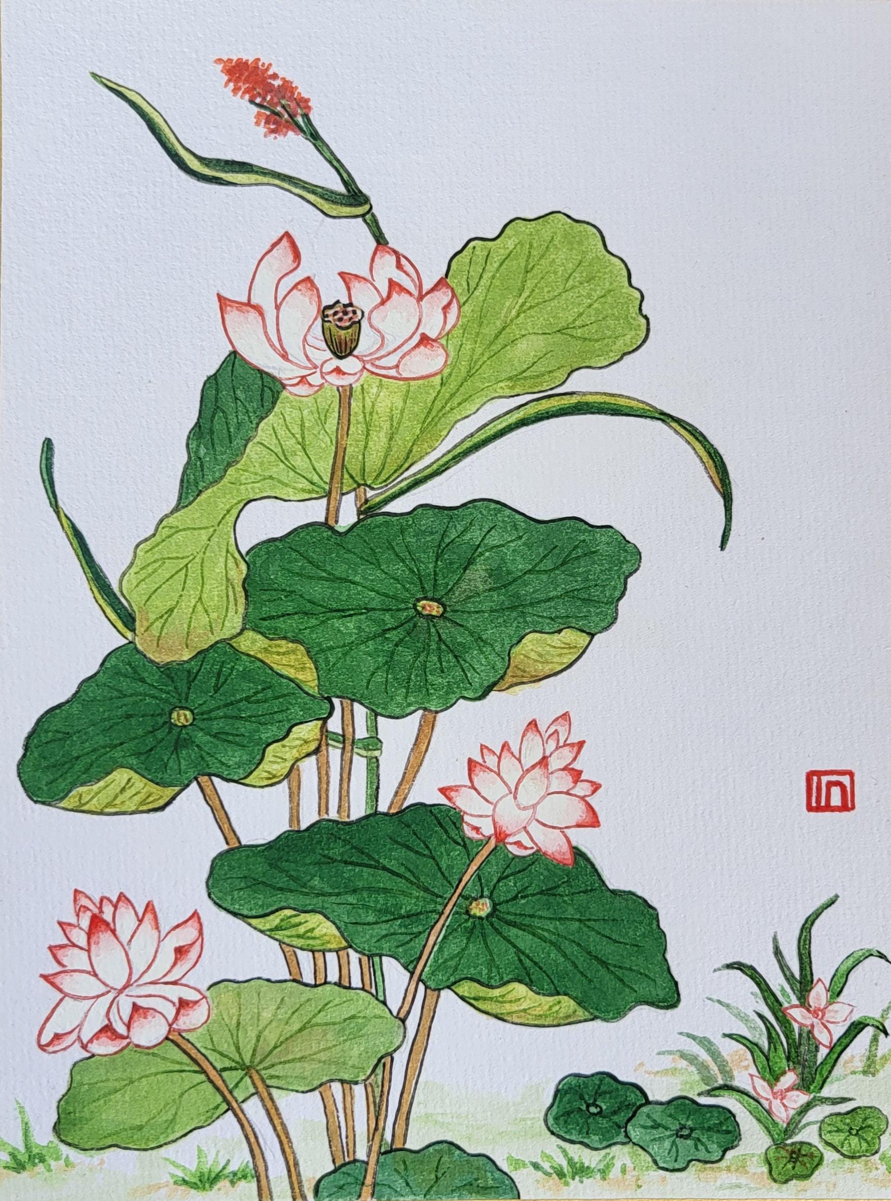 Original Lotus Minhwa Painting on Shikishi Board – Korean Folk Art ...