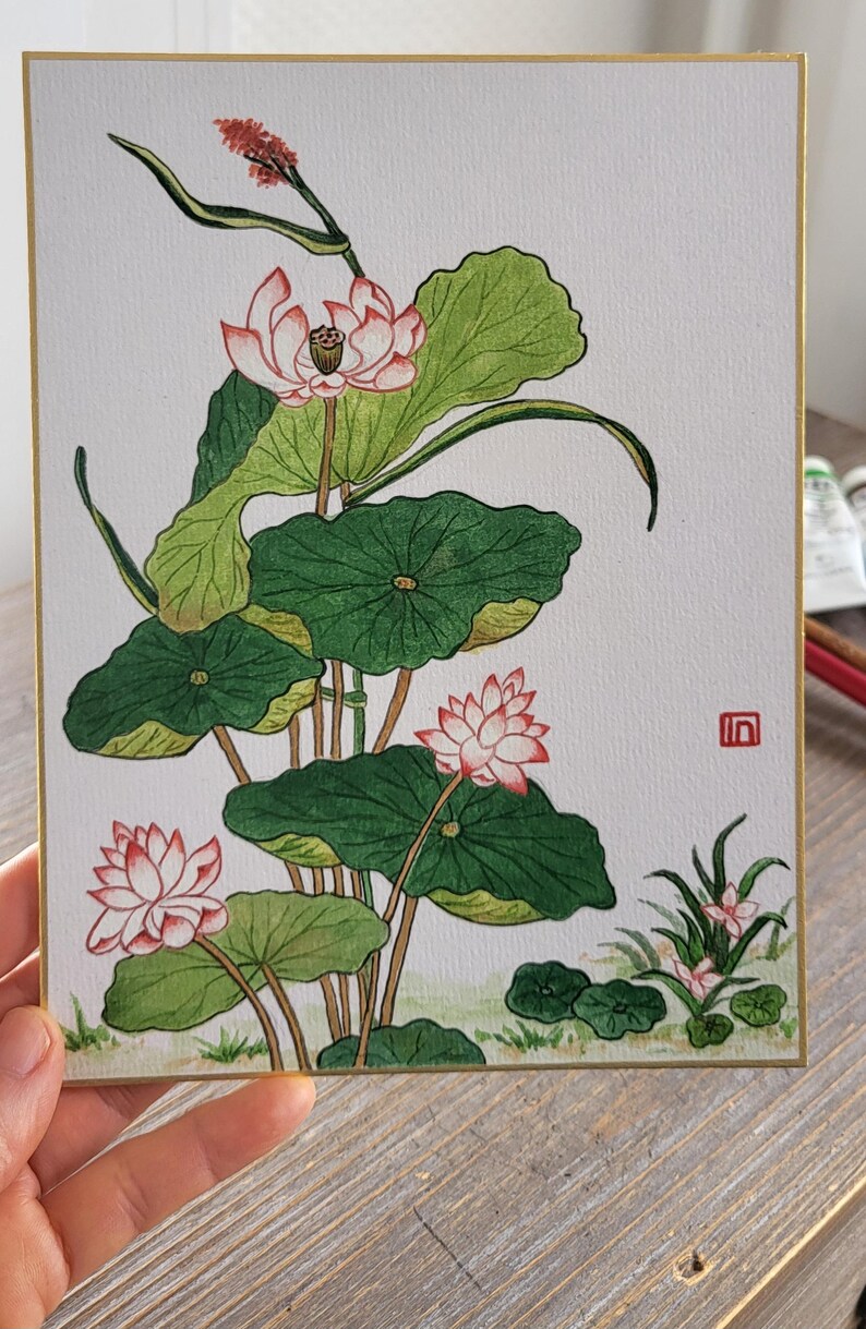 Original Lotus Minhwa Painting on Shikishi Board – Korean Folk Art ...