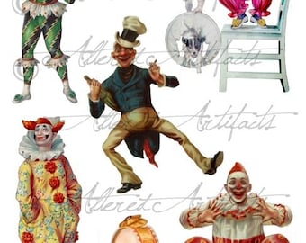Printable Clowns Clip Art Vintage Circus Performers Paper Doll Scrap Theater Puppets Digital Collage Sheet Instant Digital Download