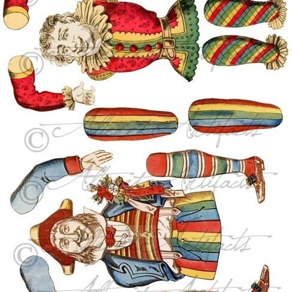 Druckbare Vintage Papierpuppe Antike Puppe Gelenk Clown Puppe glücklich Hampelmann Collage Sheet Sofortiger digitaler Download