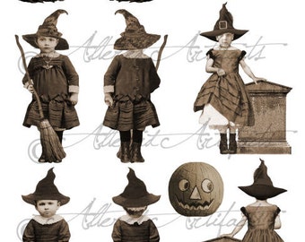 Printable Vintage Front and Back Witch Puppet Printable Halloween Sepia Paper Doll Scraps Clipart Steampunk Digital Collage Sheet Download