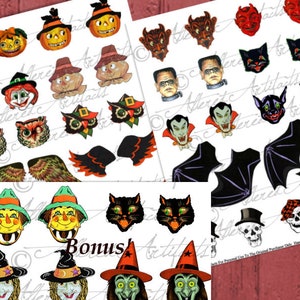 Chenille Halloween Ornament Heads 2 Sheets Witch Jack O Lantern Bat Owl Devil Cat Skeleton Dracula Frank Printable Instant Digital Download