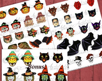 Chenille Halloween Ornament Heads 2 Sheets Witch Jack O Lantern Bat Owl Devil Cat Skeleton Dracula Frank Printable Instant Digital Download