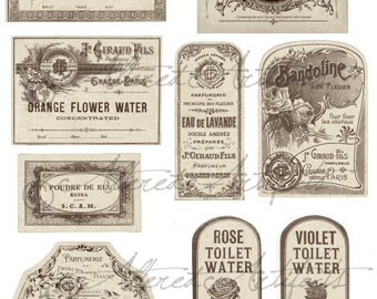 Printable Vintage French Perfume Labels, Sepia Printable Bottle Label Printable Antique Fragrance Label Digital Collage Sheet Download