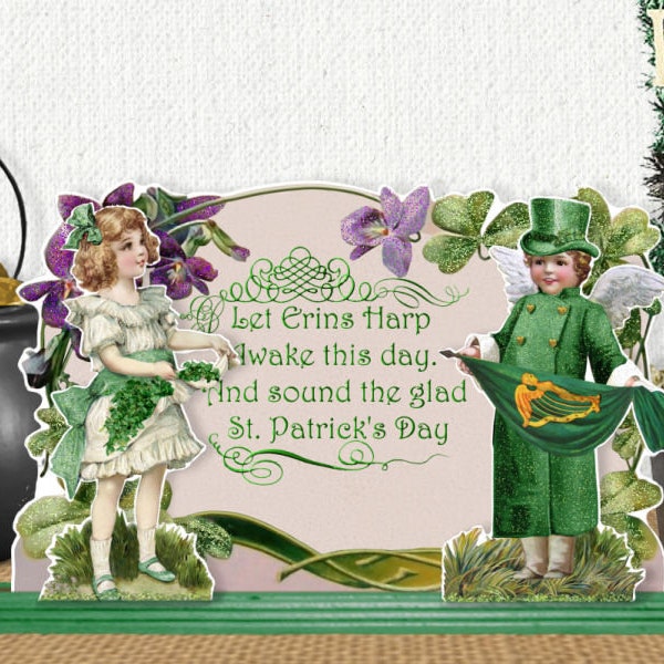 Vintage PoP Up St. Patrick's Fold Out Erin's Harp Party Display Assemblage St Pat's Folding Standing Digital Clip Art Collage Sheet Download