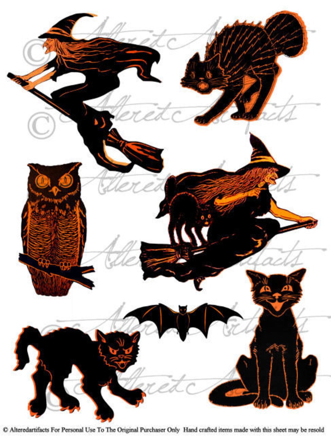 Printable Vintage Halloween Clip Art Retro Black Orange Scraps Witch ...