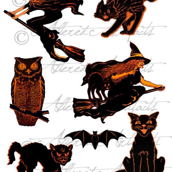 Printable Vintage Halloween Clip Art Retro Black Orange Scraps Witch Owl Cat Bat Party Decor Collage Sheet Instant Digital Downioad