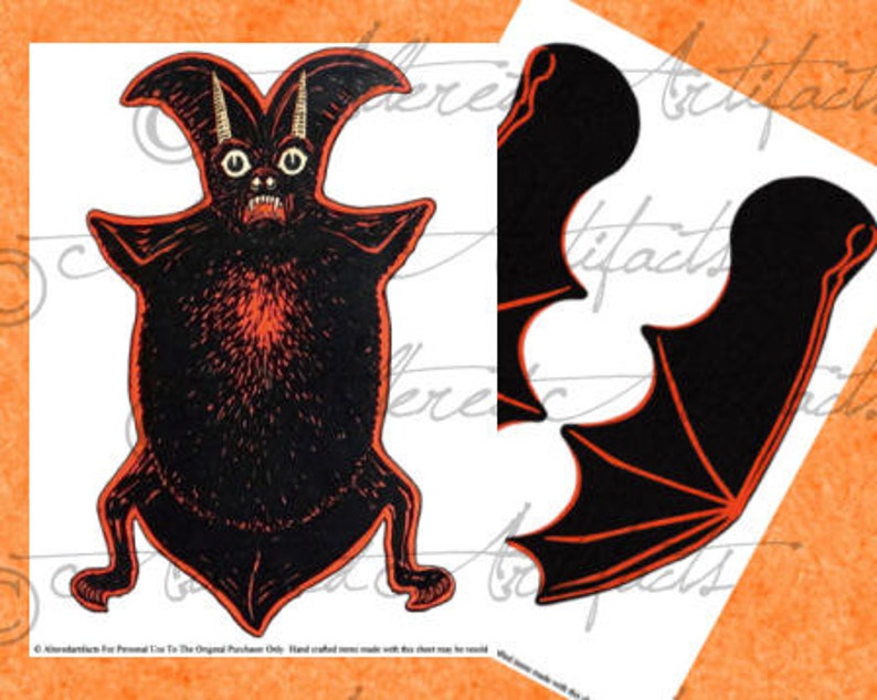 Vintage Devil Bat Paper Puppet Printable Halloween Party Decoration Centerpiece Jumping Jack Collage Sheet Instant Digital Download image 2