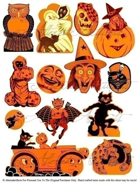 Printable Retro Halloween Clip Art Scraps Orange Black Cat Pumpkin ...