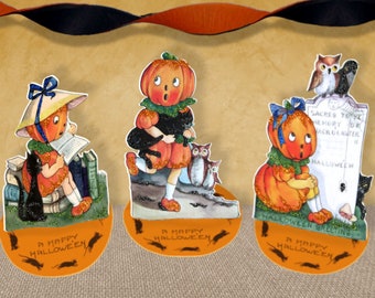 Vintage Halloween Pop Up Card Pumpkin Head Girl Fold Out Card Whitney Doppelganger Pumpkin Jack o Lantern Set 2 Instant Digital Download