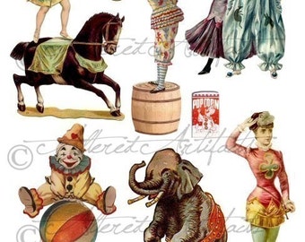 Circus Performers Side Show Clowns Printable Circus Clip Art Theater Puppets Vintage Clip Art Scraps Collage Sheet Instant Digital Download