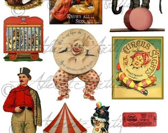 Printable Clowns Clip Art Vintage Circus Performers Paper Doll Scrap, Puppets Paper Toy Big Collage Sheet Instant Digital Download