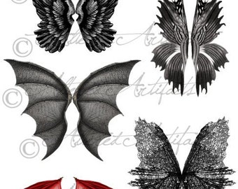 Printable Wings Wicked Witch Scary Fairy Wings Paper Doll Dragon Wings Bat Vintage Halloween Clip Art Scrap Digital Collage Sheet Download