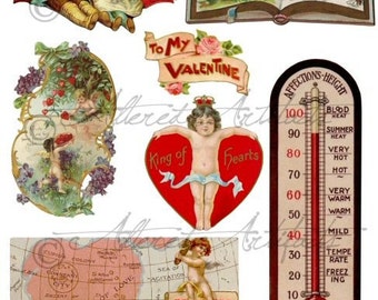 Valentine Clip Art Love Tokens Valentine Vintage Thermometer Valentine Book Map Of Love Cupids Collage Sheet Instant Digital Download