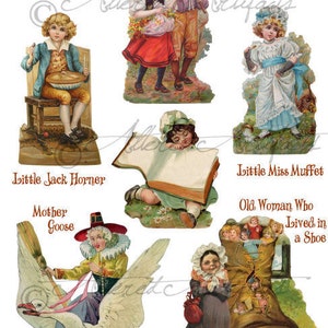 Storybook 1 Vintage Altered Art Scrap Collage Sheet Puppet Mother Goose Old Woman in a Shoe Jack Horner Little Miss Muffet Instant Download