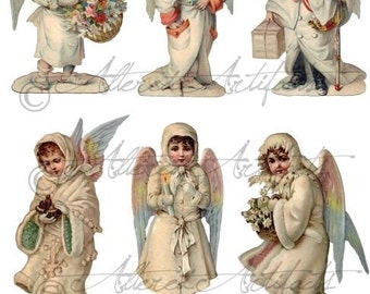 Snow Angels Shabby Chic Vintage Christmas Ornaments Fairy Paper Doll Angels Printable Collage Sheet Instant Digital Download