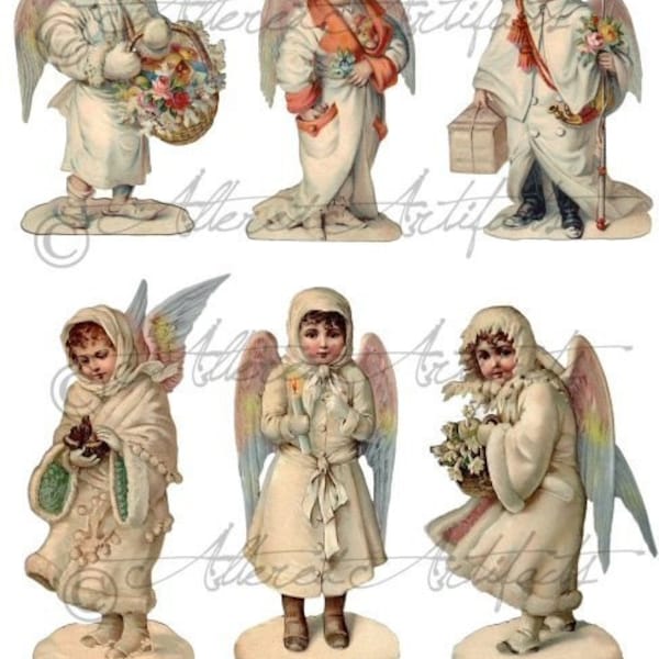 Snow Angels Shabby Chic Vintage Christmas Ornaments Fairy Paper Doll Angels Printable Collage Sheet Instant Digital Download