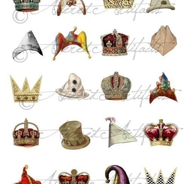 Printable Hats Clip Art Paper Doll Hats Printable Vintage Scrap Crowns Caps Printable Mixed Media Digital Collage Sheet Instant Download