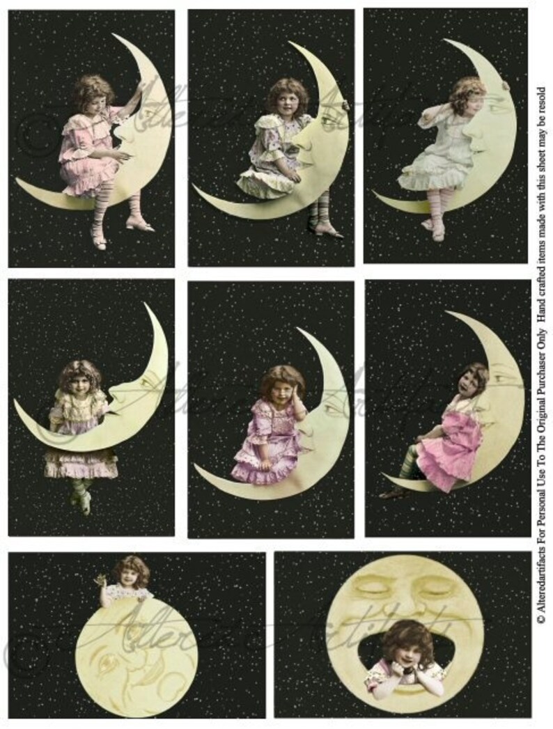 Girl Sitting On Moon Vintage Postcard Children Over The Moon Fairy Party Clip Art Fairies Collage Sheet Instant Digital Download image 1