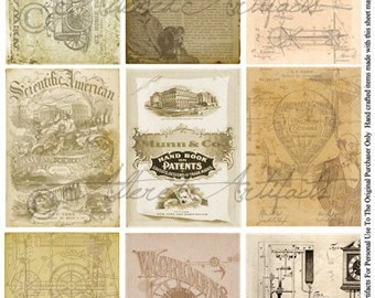 Instant Download U S Patent Vintage Steampunk ATC Blueprints Sepia Tones Aged Stained Antique Books Journals Albums Collage Sheet