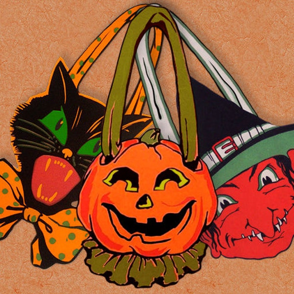 Printable Vintage Halloween Door Hanger Game Party Favor Paper Toy Halloween Witch Cat Pumpkin Collage Sheet Instant Digital Download