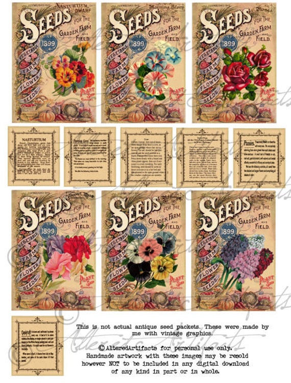 Printable Vintage Seed Packets Flower Seed Packages Gift Tags Garden  Ephemera Instant Digital Collage Sheet Download 