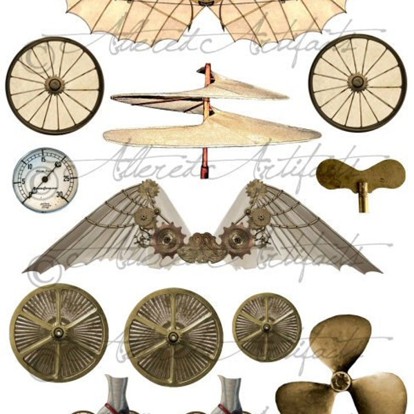 Vintage Steampunk Wings Wheels Junk Propeller Skates Printable Scrap Clip Art Elements Collage Sheet Instant Digital Download