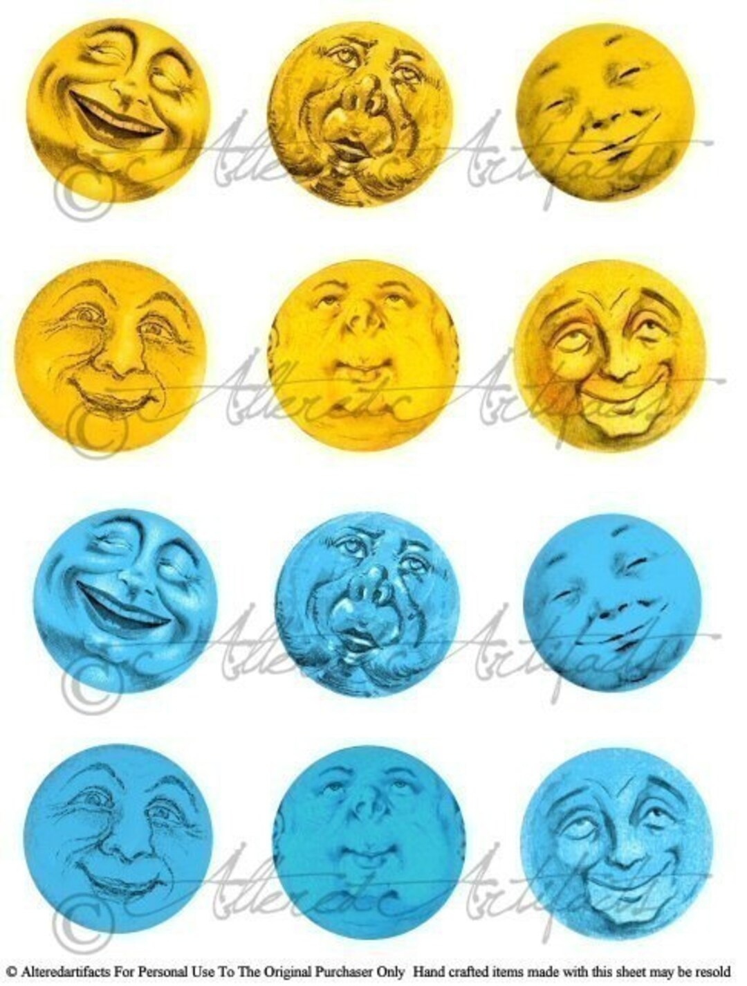 Printable Moon Faces Clip Art Moons Printable Vintage Blue Moon Many Moons Mixed Media ATC Clip ...